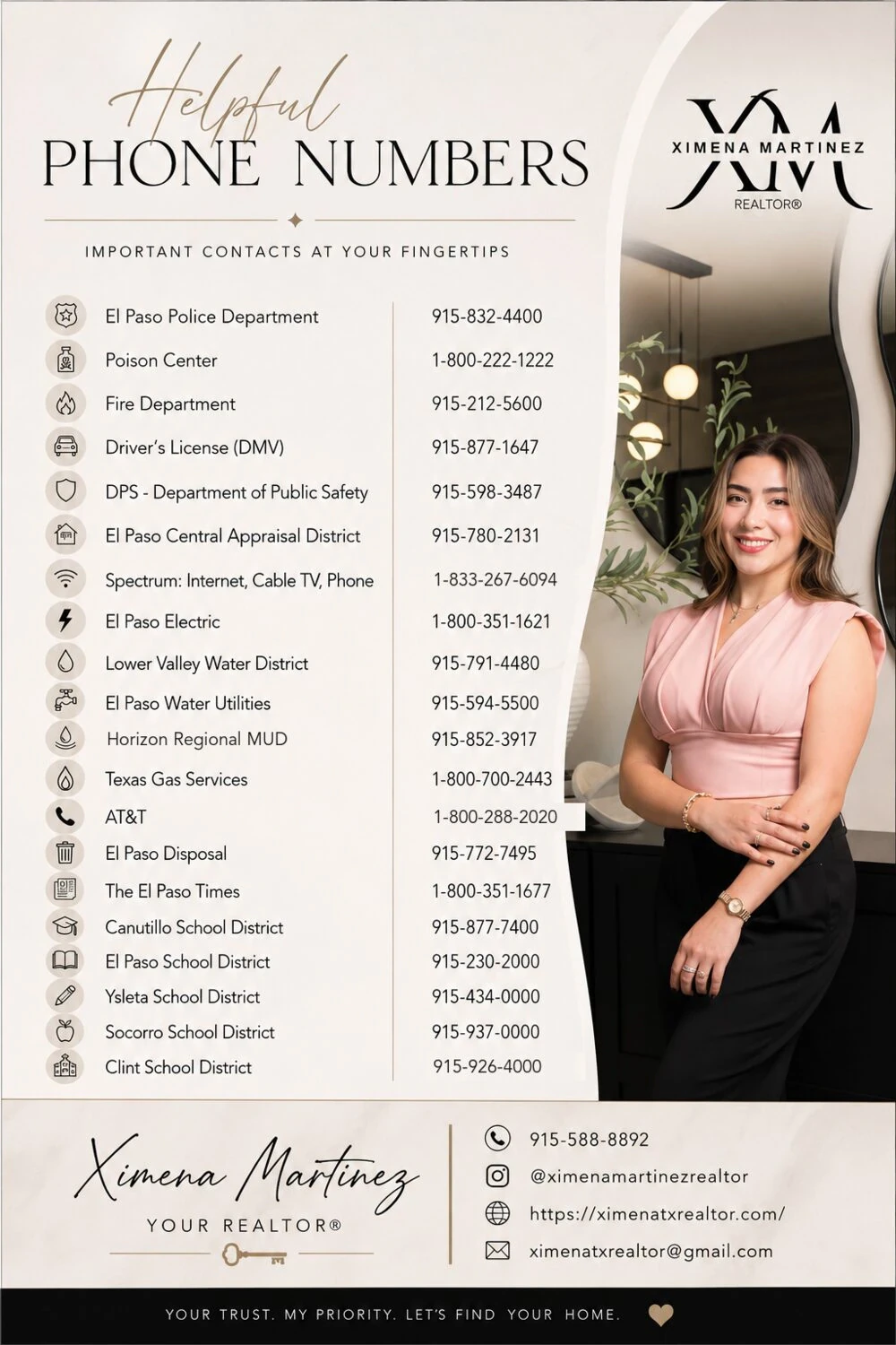Helpful Phone Numbers flyer for El Paso, Texas, with 20 local contacts