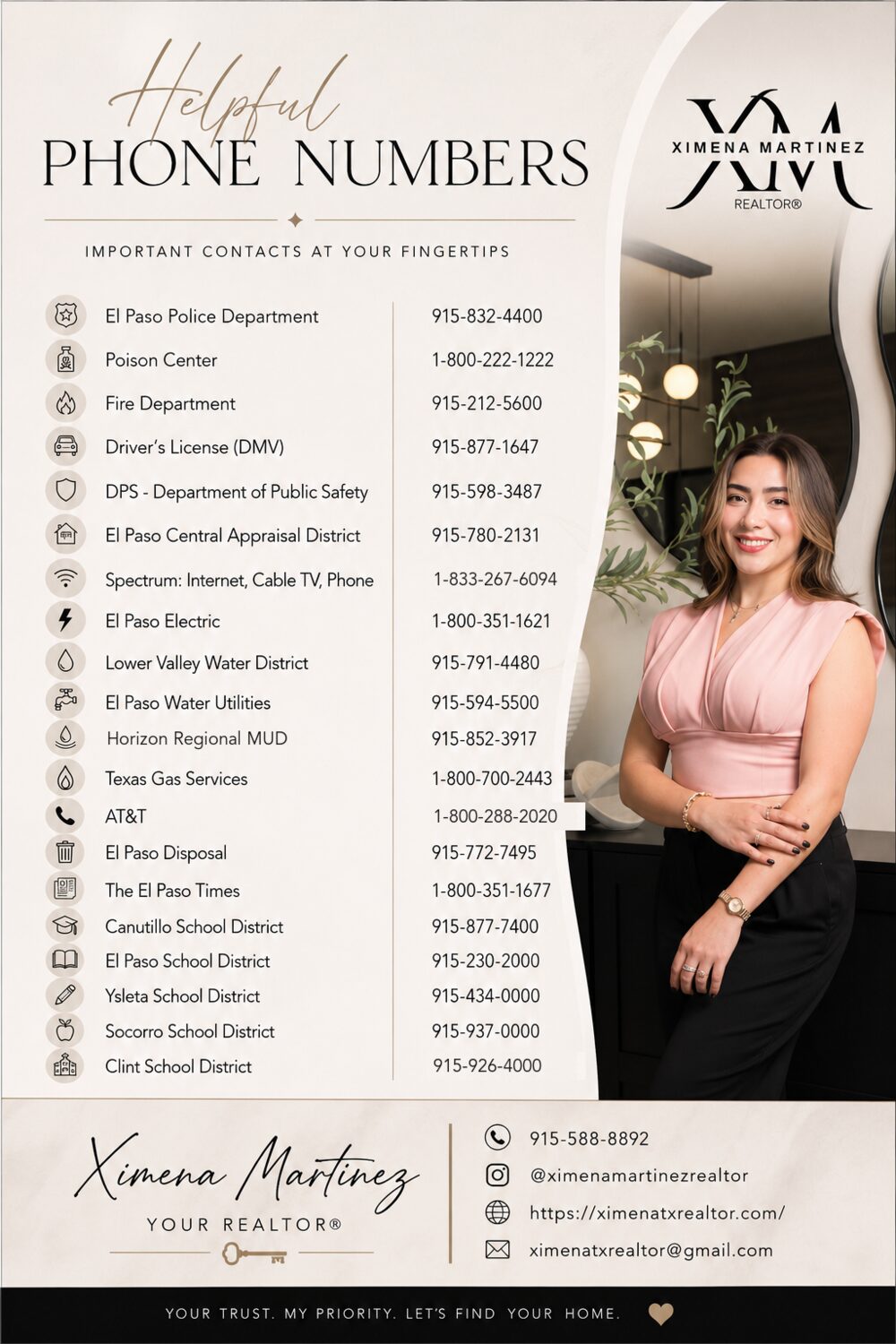 Helpful Phone Numbers flyer for El Paso, Texas, with 20 local contacts